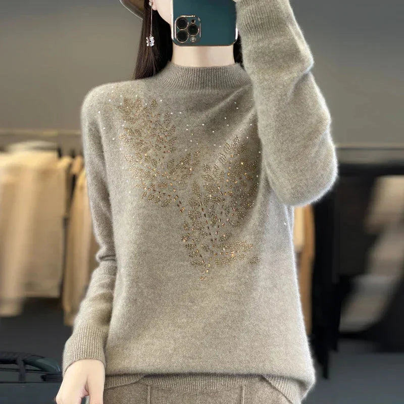 Women's Cream Rhinestone-Leaf-Pattern Knit Sweater – Mock-Neck Long-Sleeves