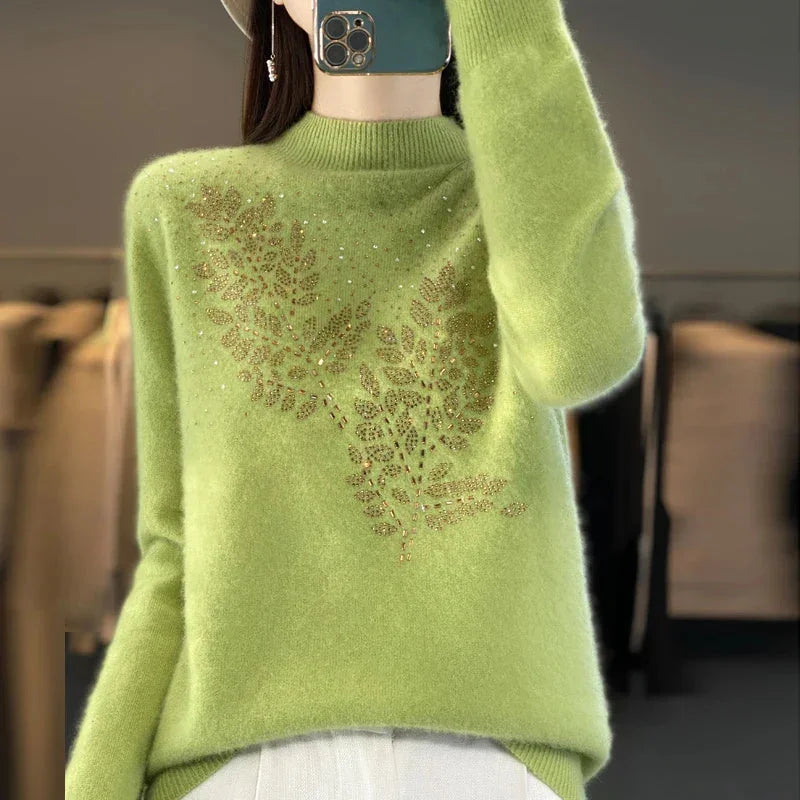 Women's Cream Rhinestone-Leaf-Pattern Knit Sweater – Mock-Neck Long-Sleeves