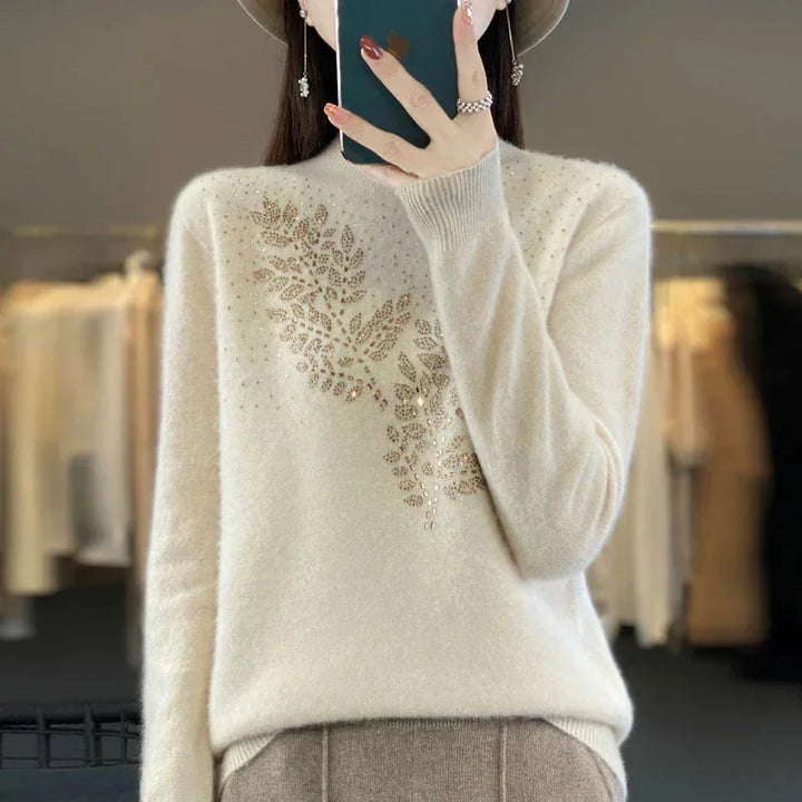 Women's Cream Rhinestone-Leaf-Pattern Knit Sweater – Mock-Neck Long-Sleeves