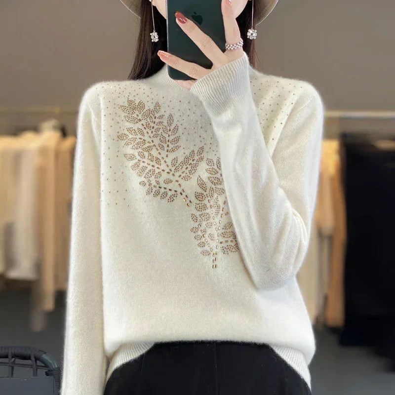 Women's Cream Rhinestone-Leaf-Pattern Knit Sweater – Mock-Neck Long-Sleeves