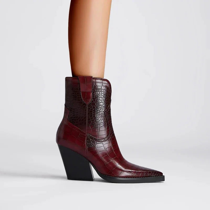 Women's Croc-Embossed Western Ankle Boots – Pointed Toe And Block Heel