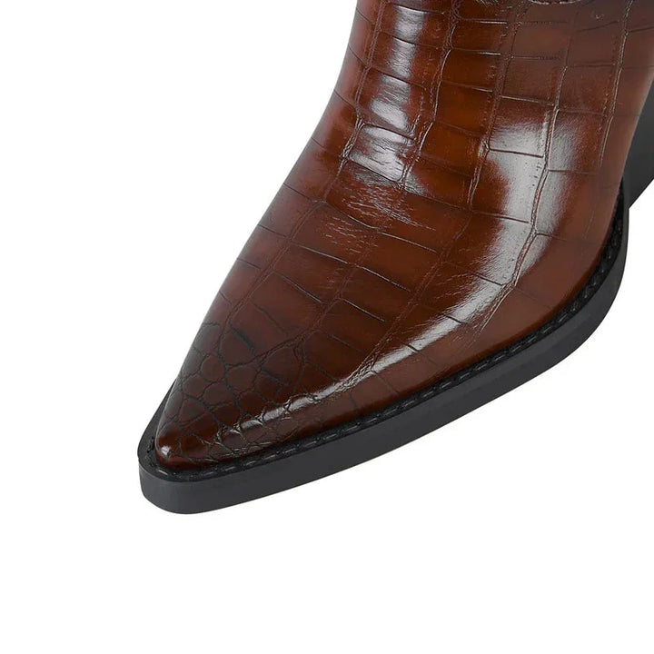 Women's Croc-Embossed Western Ankle Boots – Pointed Toe And Block Heel