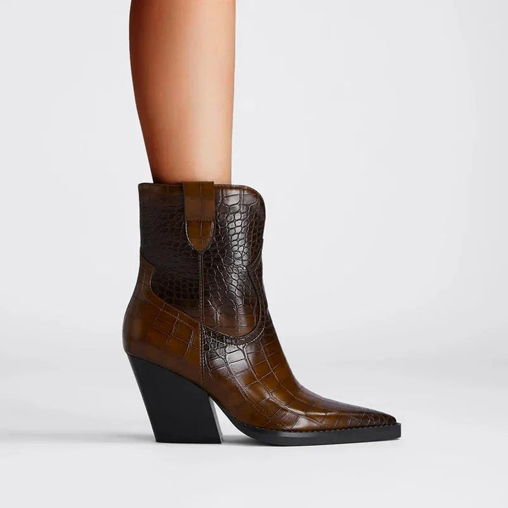Women's Croc-Embossed Western Ankle Boots – Pointed Toe And Block Heel