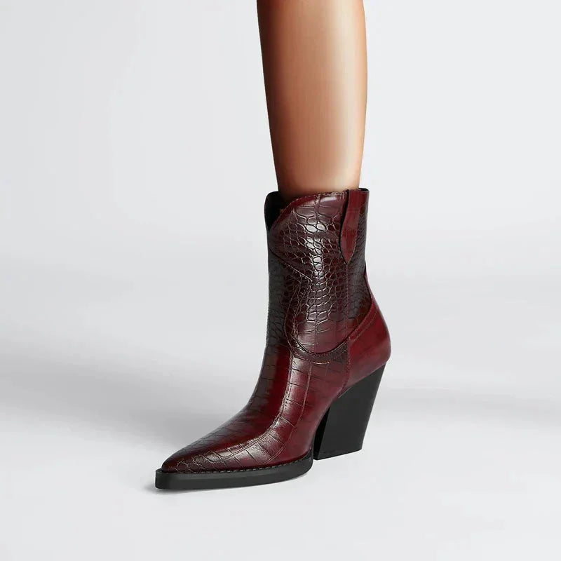 Women's Croc-Embossed Western Ankle Boots – Pointed Toe And Block Heel