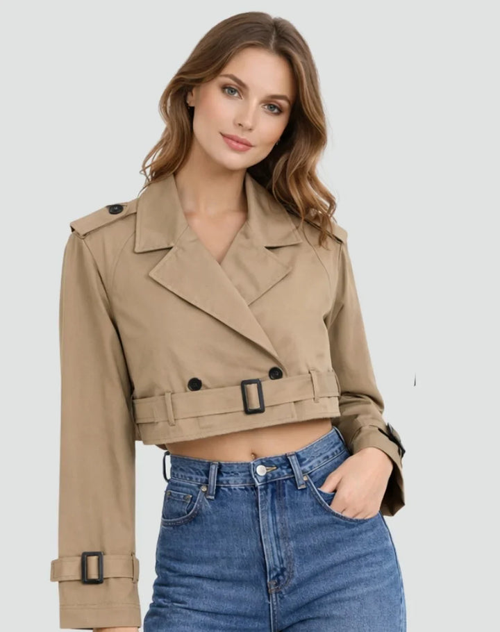 Women's Cropped Double-Breasted Belted Trench Coat Jacket