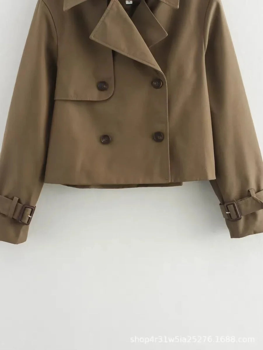 Women's Cropped Double-Breasted Trench Coat Buckle Cuff