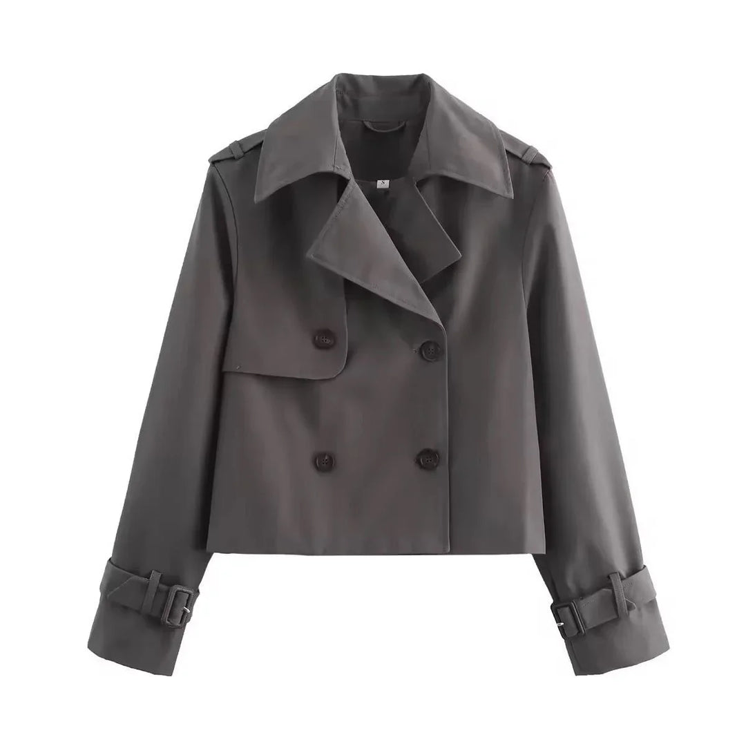 Women's Cropped Double-Breasted Trench Coat Buckle Cuff