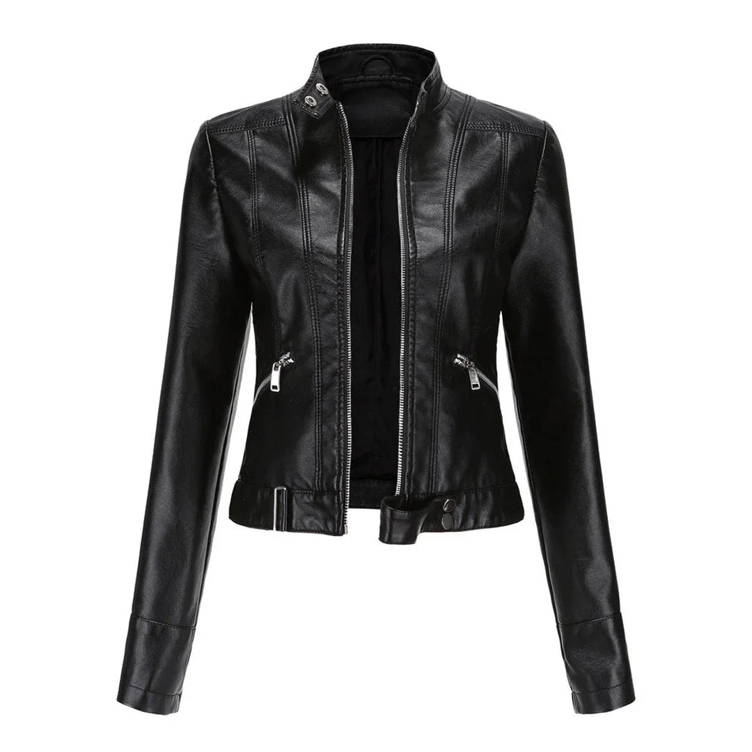 Women's Cropped Faux Leather Jacket Stand-Collar Moto Biker