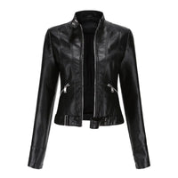Women's Cropped Faux Leather Jacket Stand-Collar Moto Biker