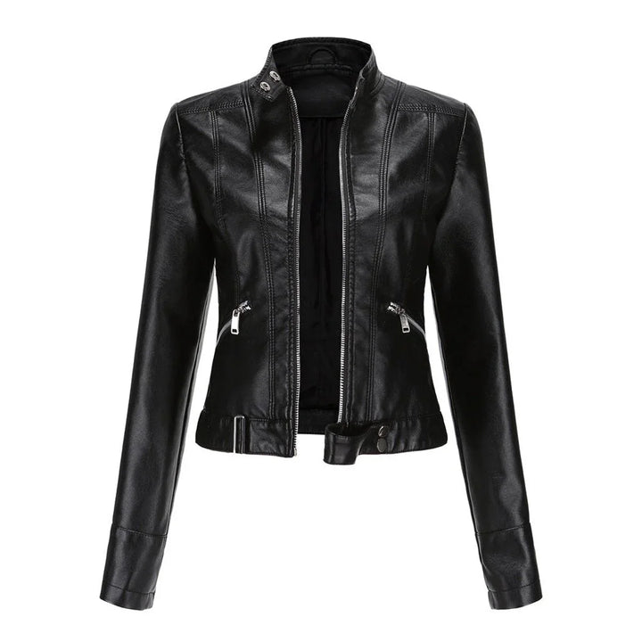 Women's Cropped Faux Leather Jacket Stand-Collar Moto Biker
