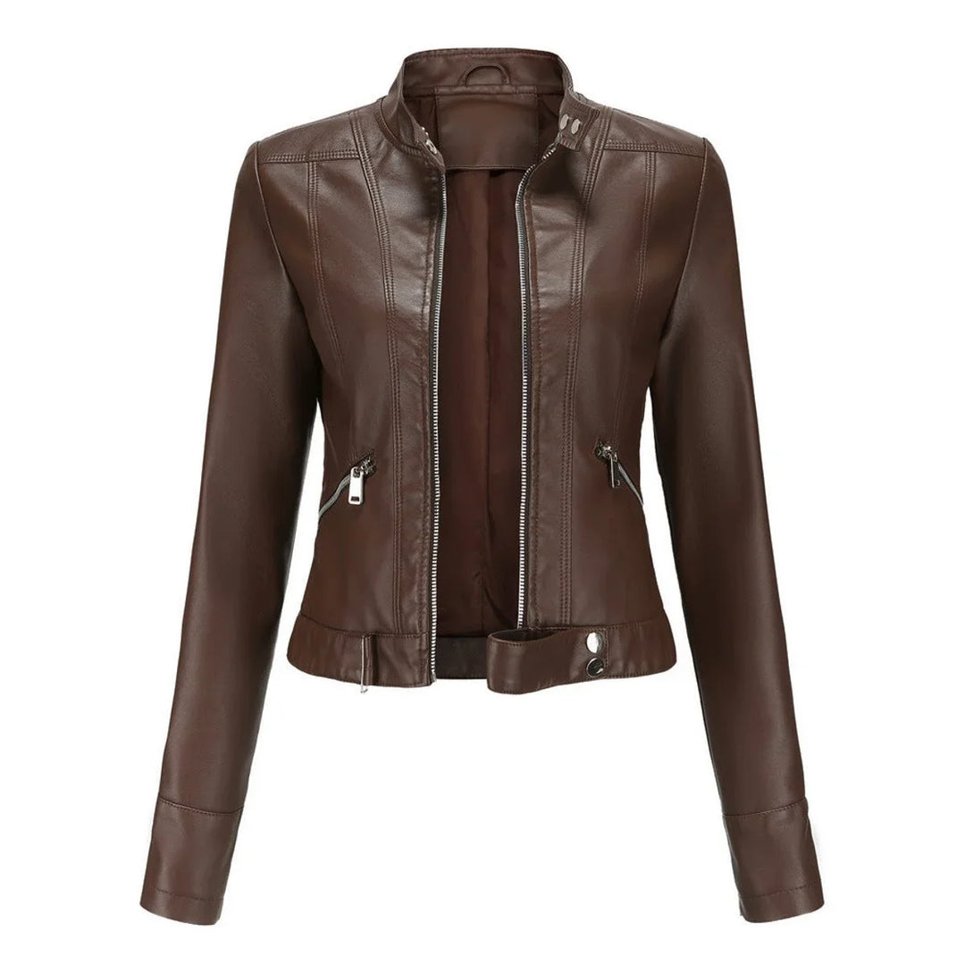 Women's Cropped Faux Leather Jacket Stand-Collar Moto Biker