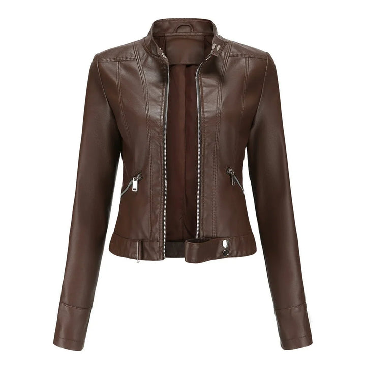 Women's Cropped Faux Leather Jacket Stand-Collar Moto Biker