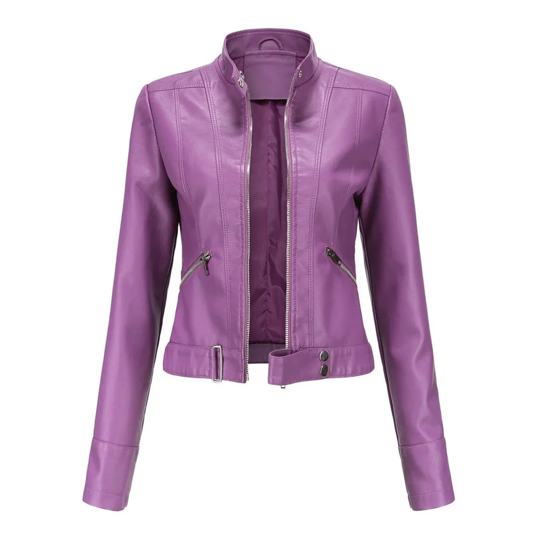 Women's Cropped Faux Leather Jacket Stand-Collar Moto Biker