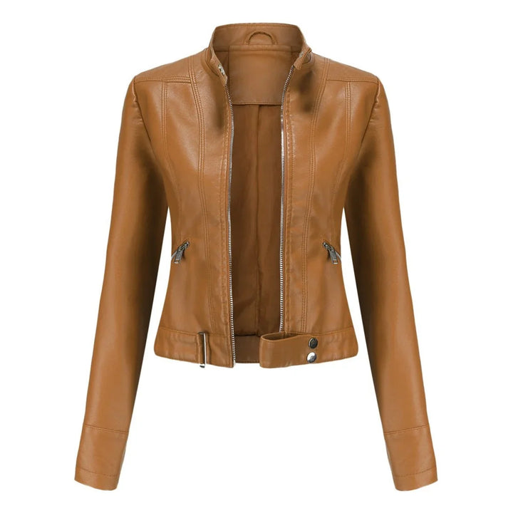Women's Cropped Faux Leather Jacket Stand-Collar Moto Biker