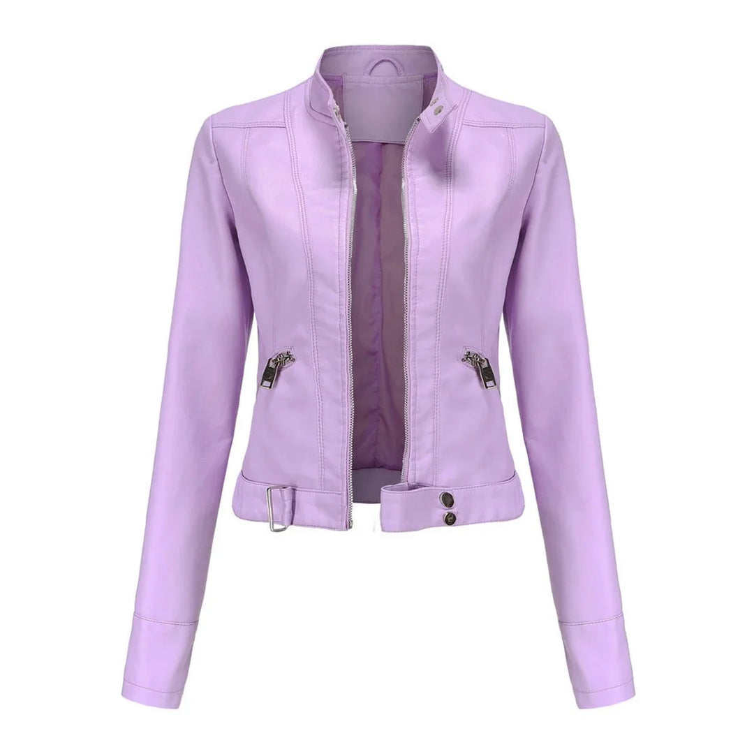 Women's Cropped Faux Leather Jacket Stand-Collar Moto Biker