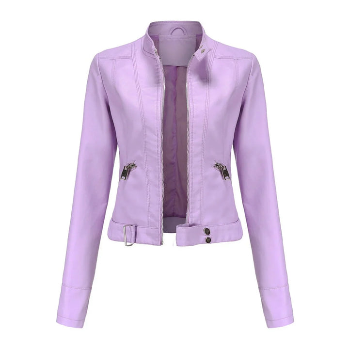 Women's Cropped Faux Leather Jacket Stand-Collar Moto Biker