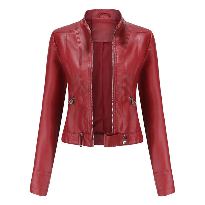 Women's Cropped Faux Leather Jacket Stand-Collar Moto Biker