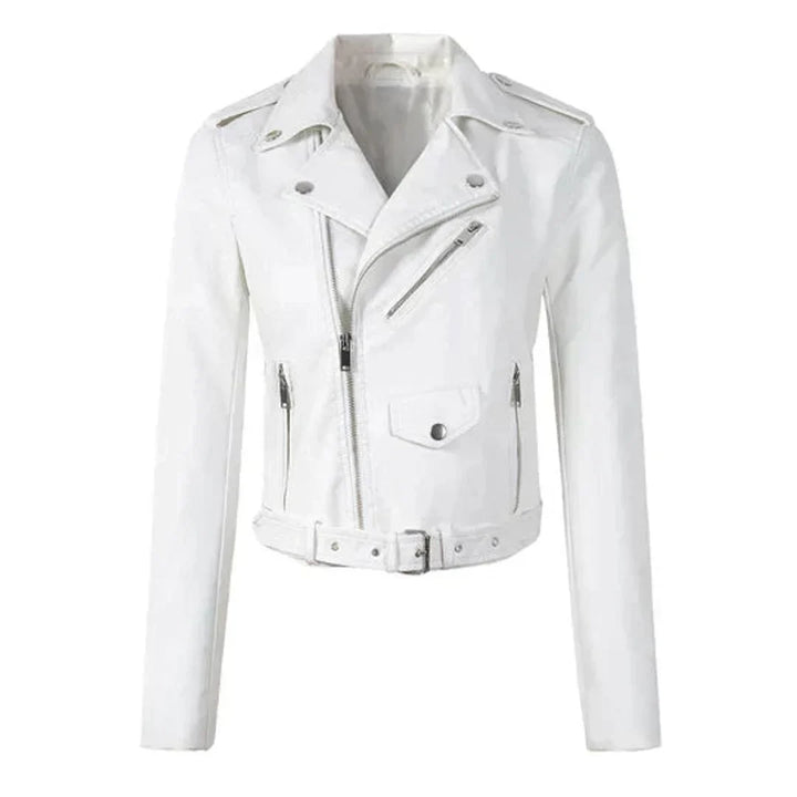 Women's Cropped Moto Faux Leather Jacket Belted Biker