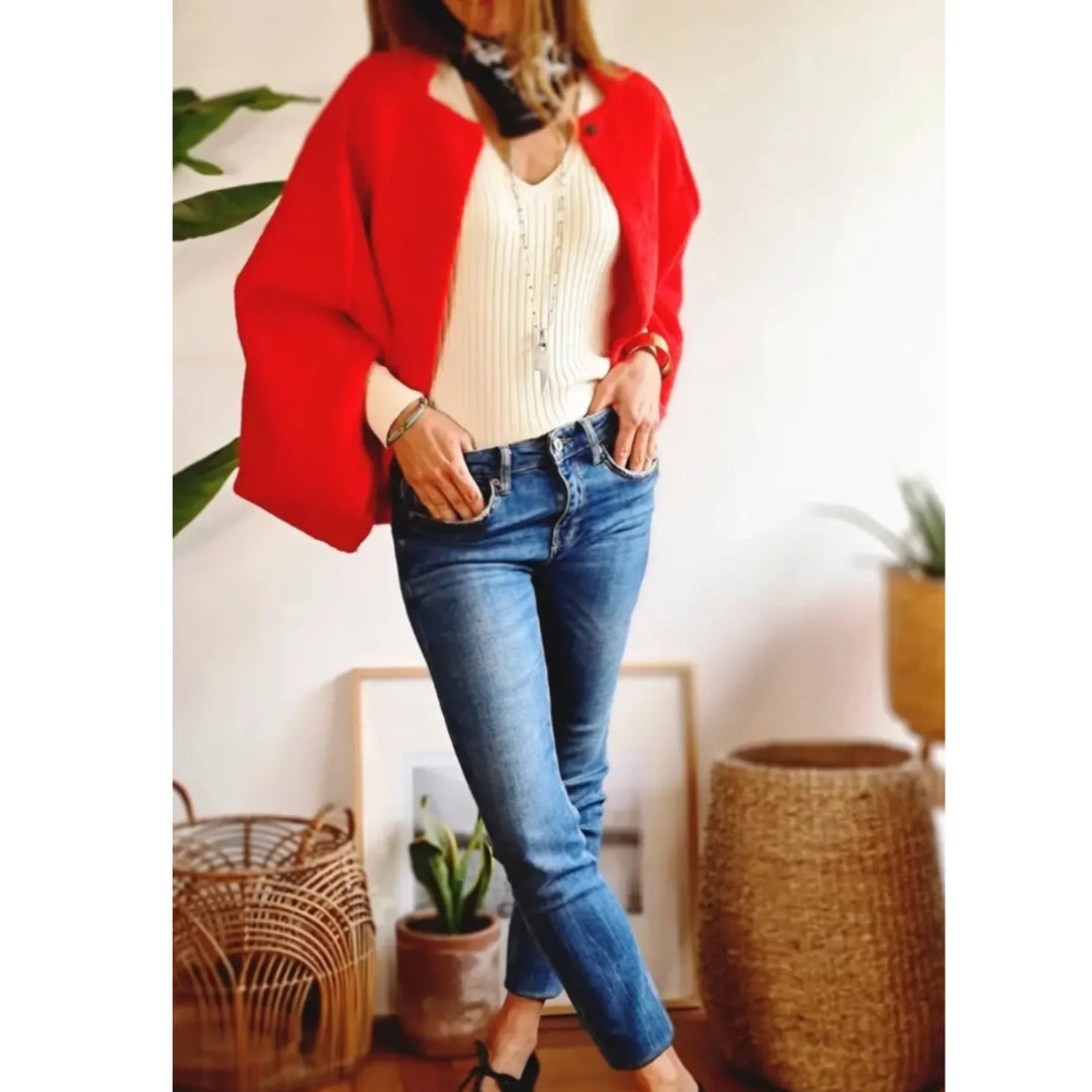 Women's Cropped Soft Knit Cardigan – Wide-Sleeve Stand-Collar Front