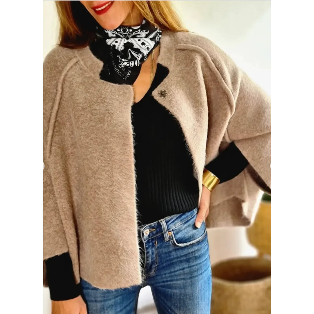 Women's Cropped Soft Knit Cardigan – Wide-Sleeve Stand-Collar Front
