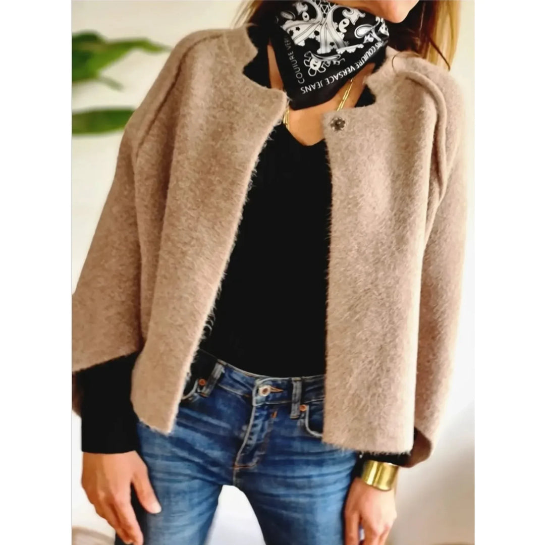Women's Cropped Soft Knit Cardigan – Wide-Sleeve Stand-Collar Front