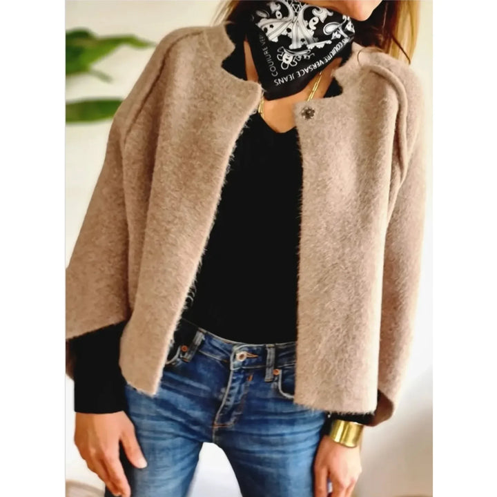 Women's Cropped Soft Knit Cardigan – Wide-Sleeve Stand-Collar Front