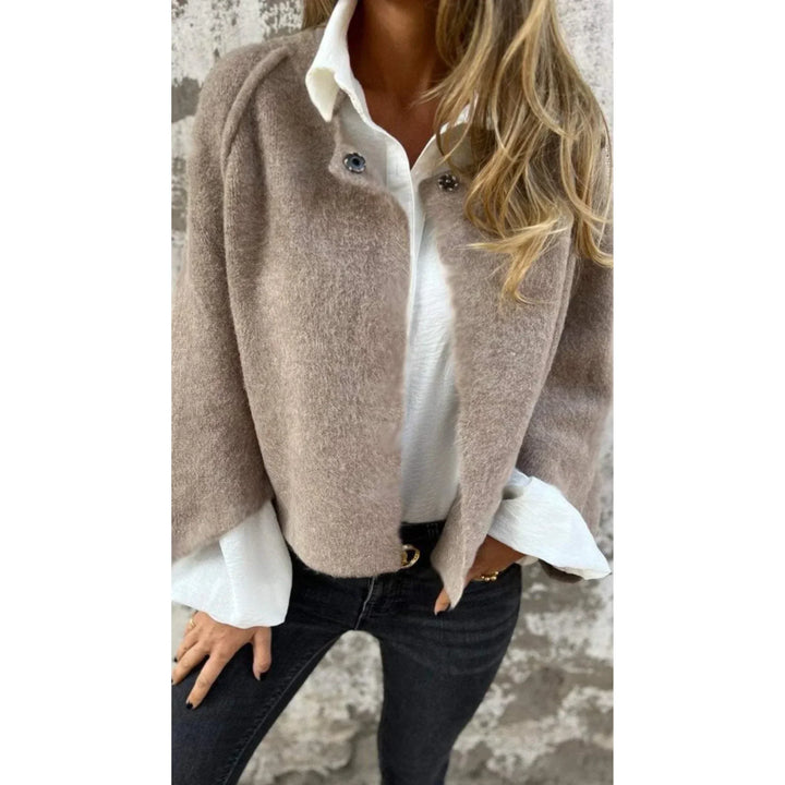 Women's Cropped Soft Knit Cardigan – Wide-Sleeve Stand-Collar Front