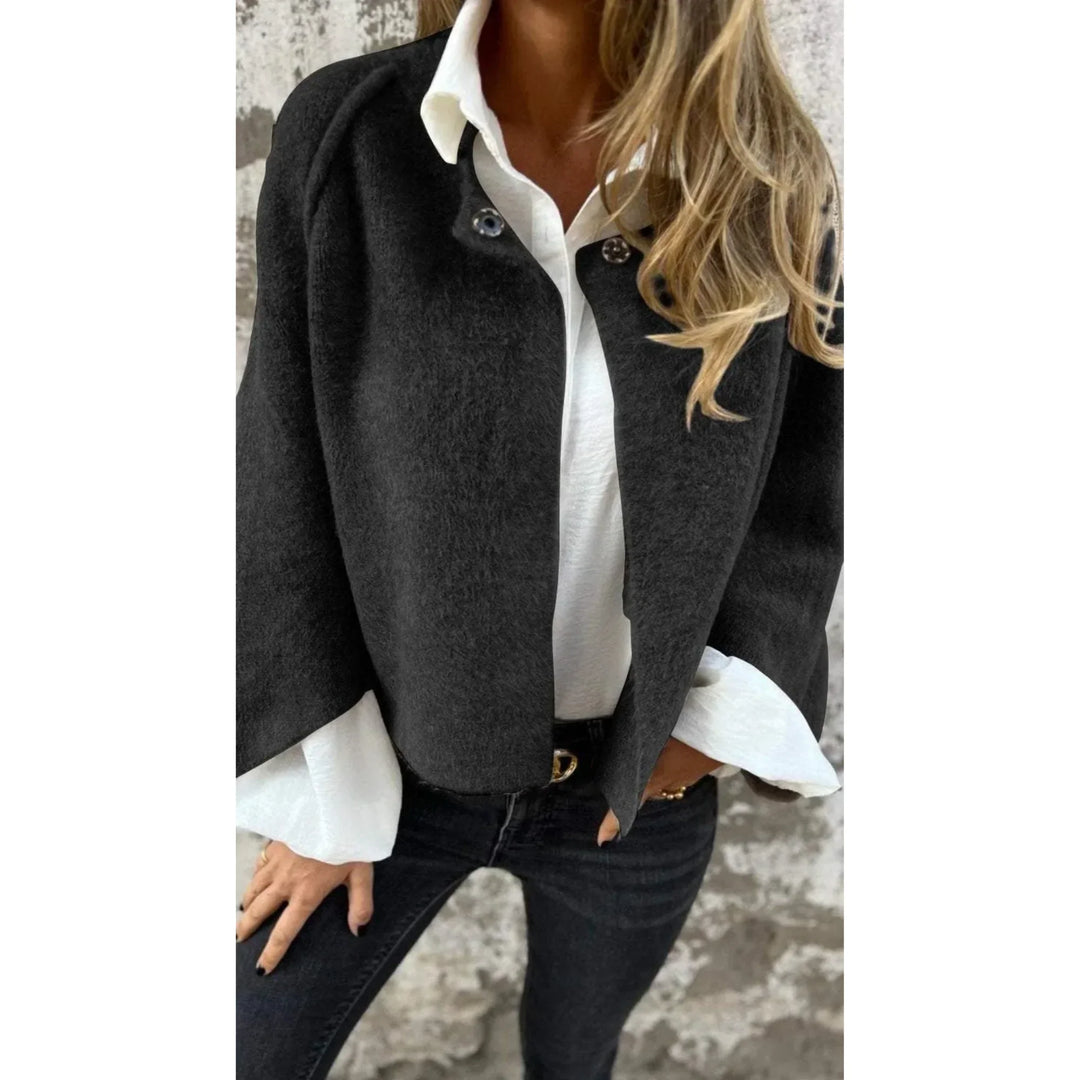 Women's Cropped Soft Knit Cardigan – Wide-Sleeve Stand-Collar Front