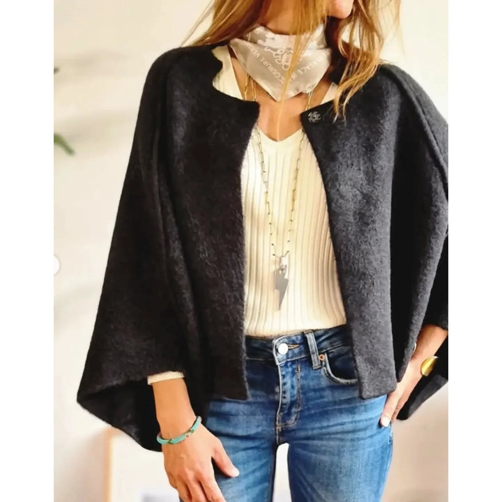 Women's Cropped Soft Knit Cardigan – Wide-Sleeve Stand-Collar Front
