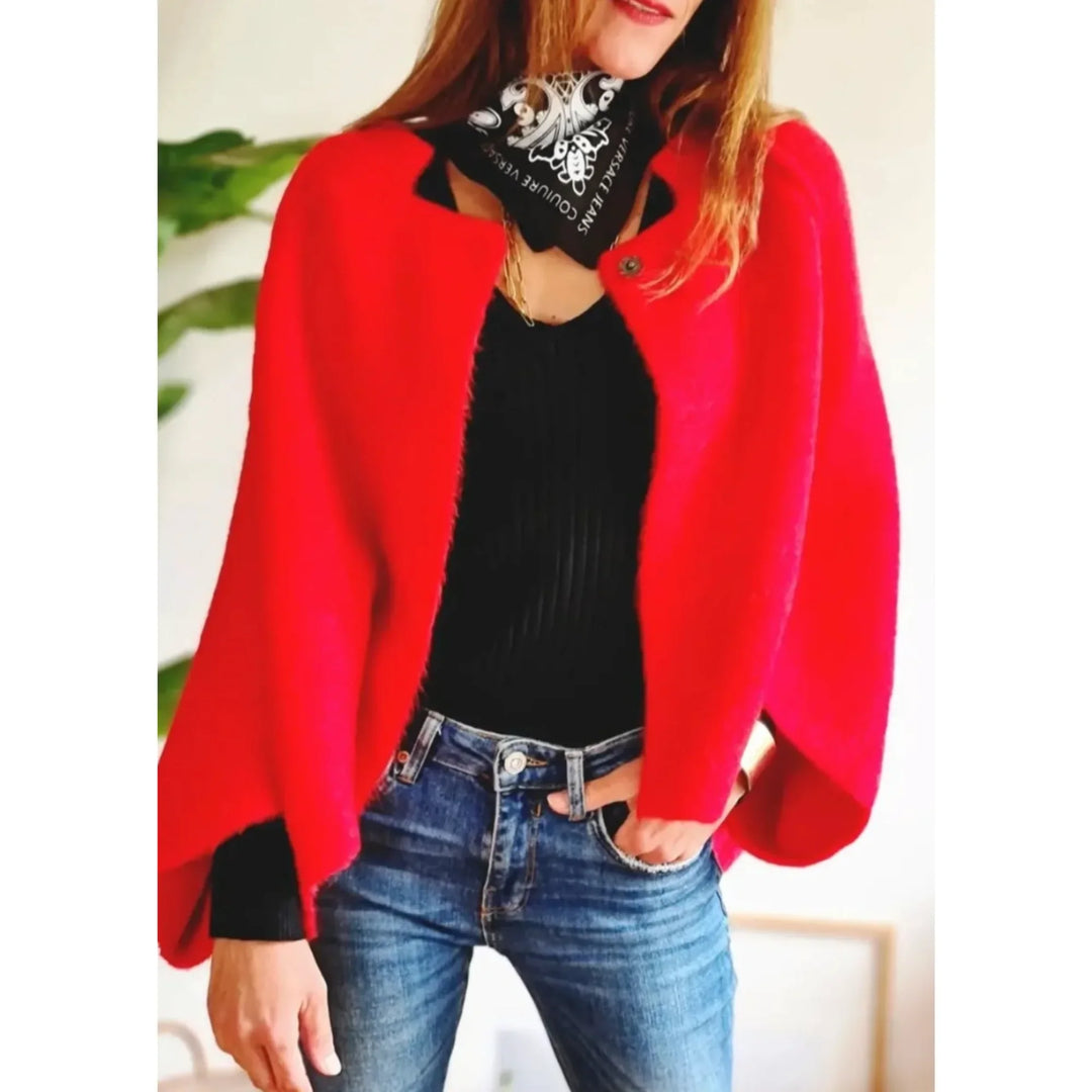 Women's Cropped Soft Knit Cardigan – Wide-Sleeve Stand-Collar Front