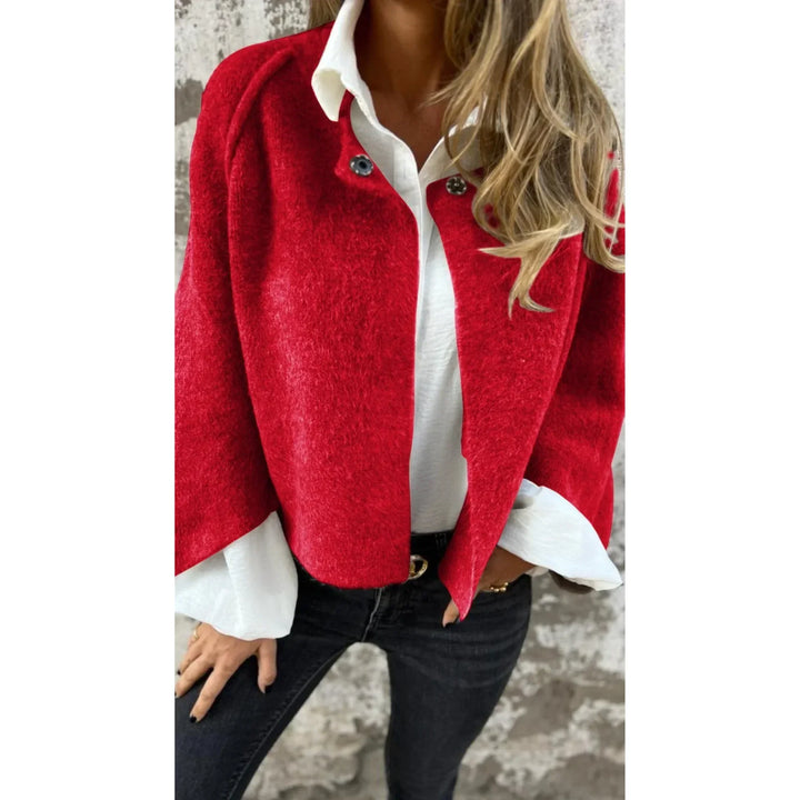 Women's Cropped Soft Knit Cardigan – Wide-Sleeve Stand-Collar Front