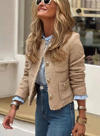 Women's Button-Front Cropped Tweed Winter Jacket