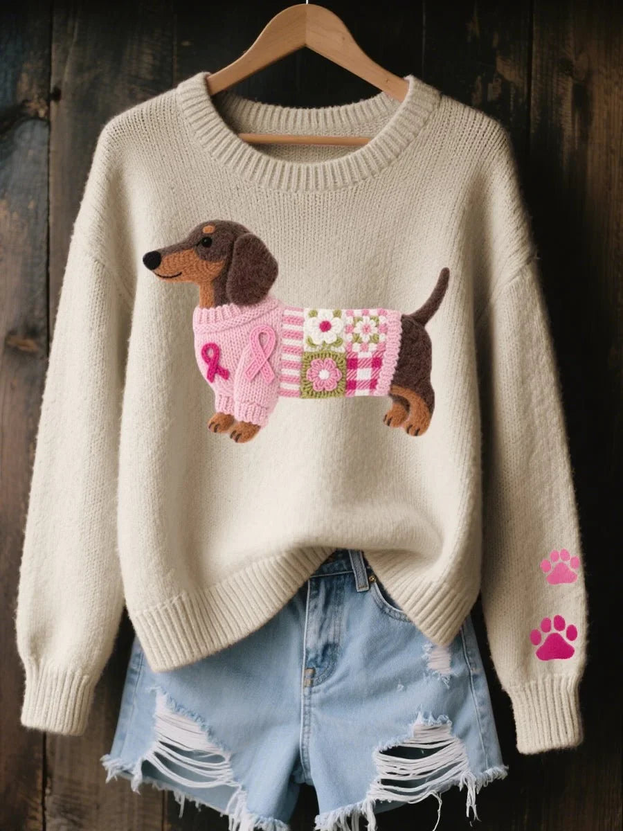 Women's Dachshund Patchwork Crewneck Knit Sweater