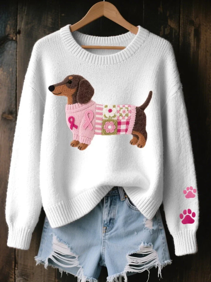 Women's Dachshund Patchwork Crewneck Knit Sweater