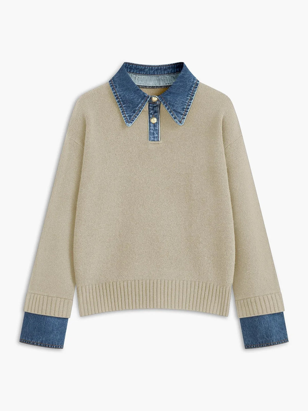 Women's Denim-Collar Knit Polo Sweater