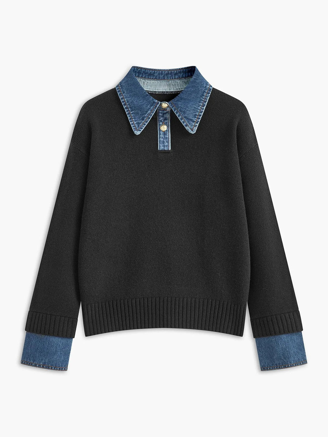 Women's Denim-Collar Knit Polo Sweater