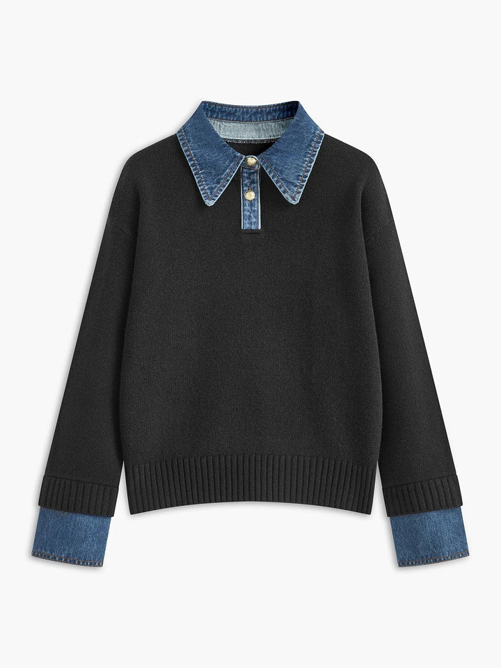 Women's Denim-Collar Knit Polo Sweater