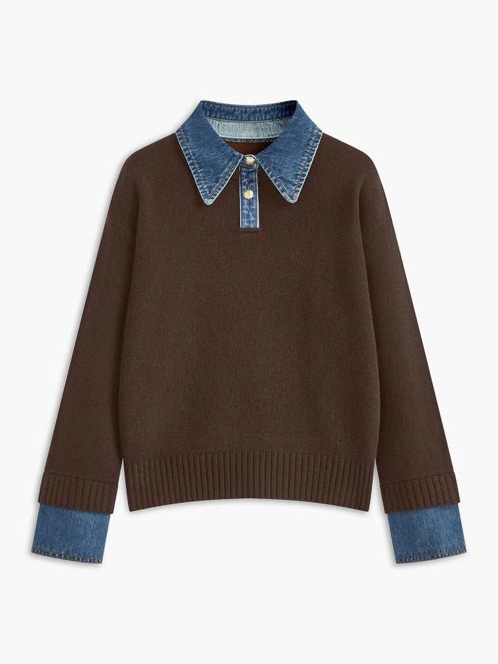 Women's Denim-Collar Knit Polo Sweater