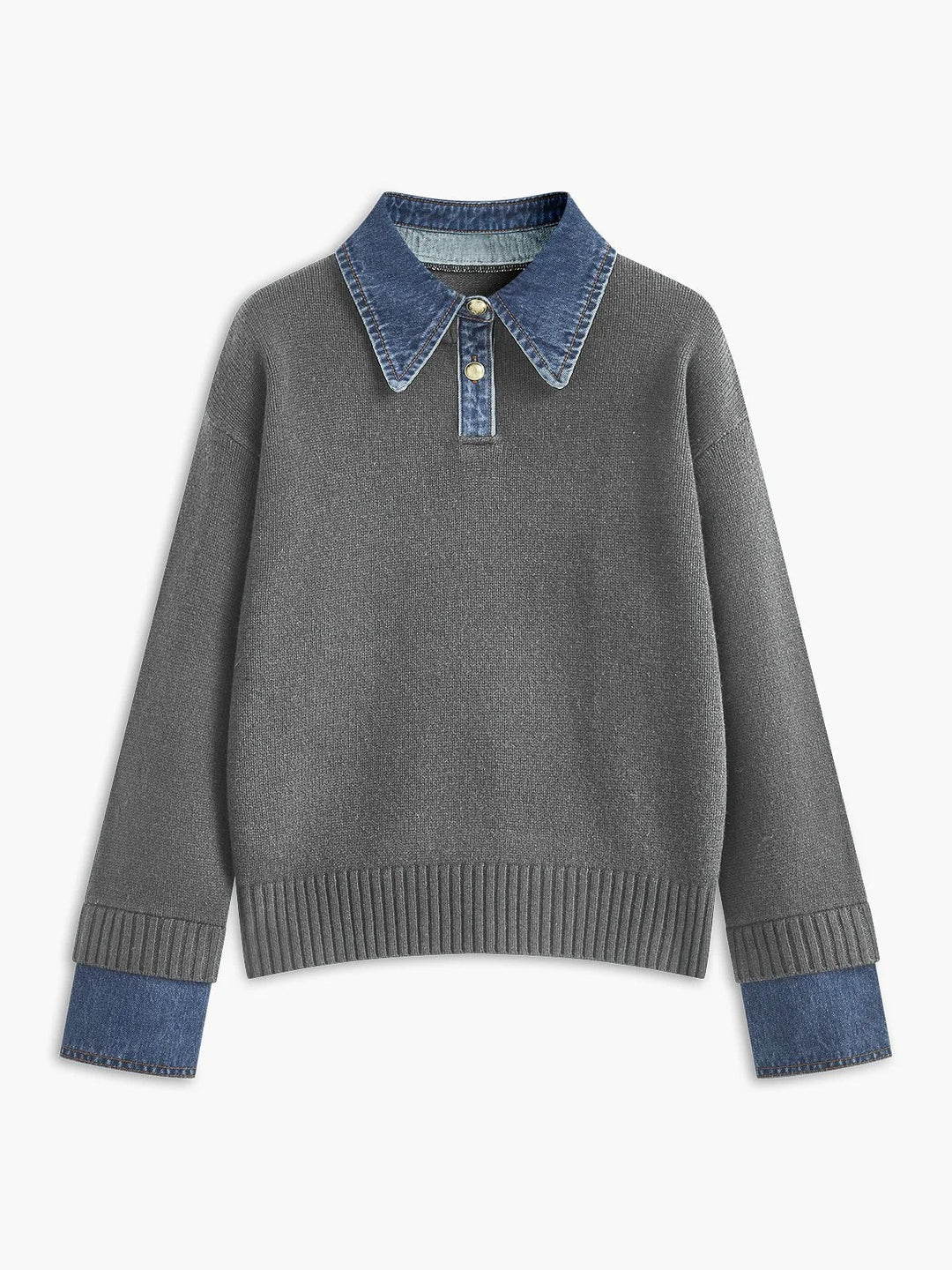 Women's Denim-Collar Knit Polo Sweater