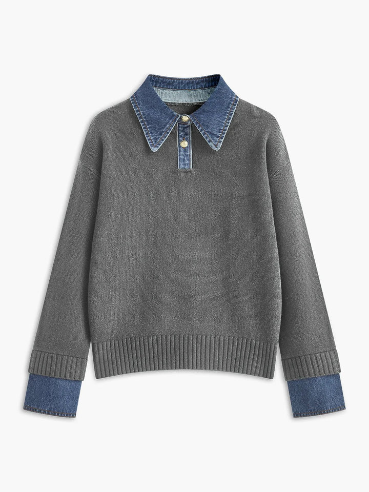 Women's Denim-Collar Knit Polo Sweater