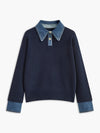 Women's Denim-Collar Knit Polo Sweater
