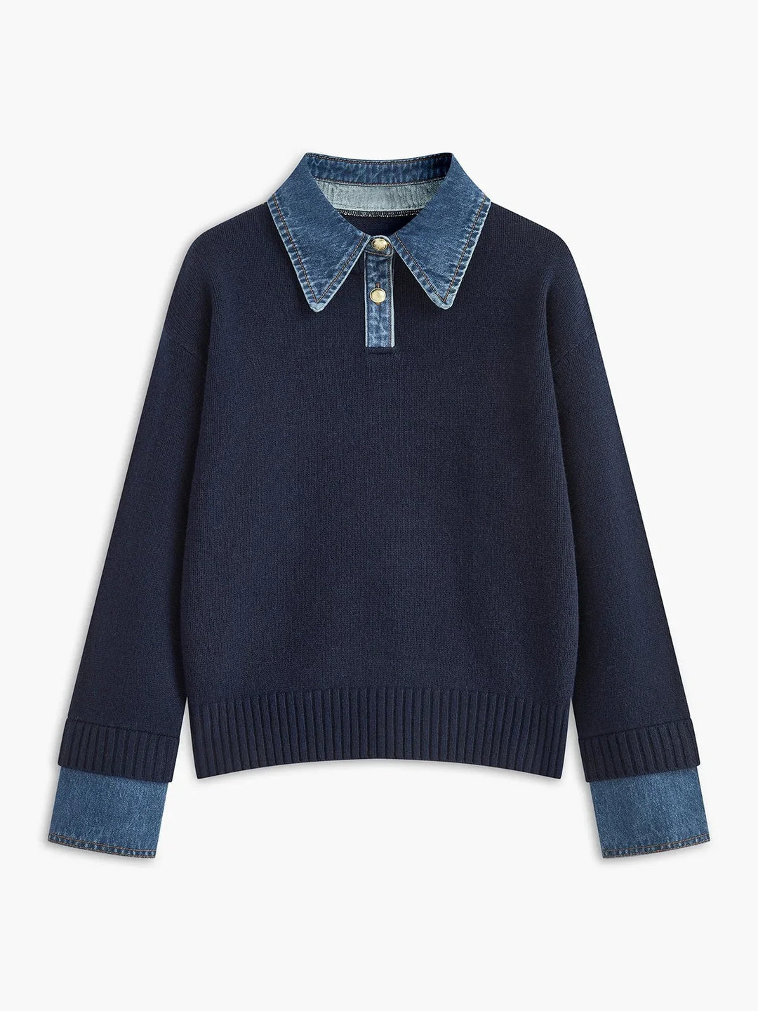 Women's Denim-Collar Knit Polo Sweater