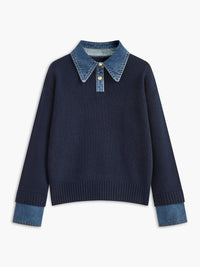 Women's Denim-Collar Knit Polo Sweater