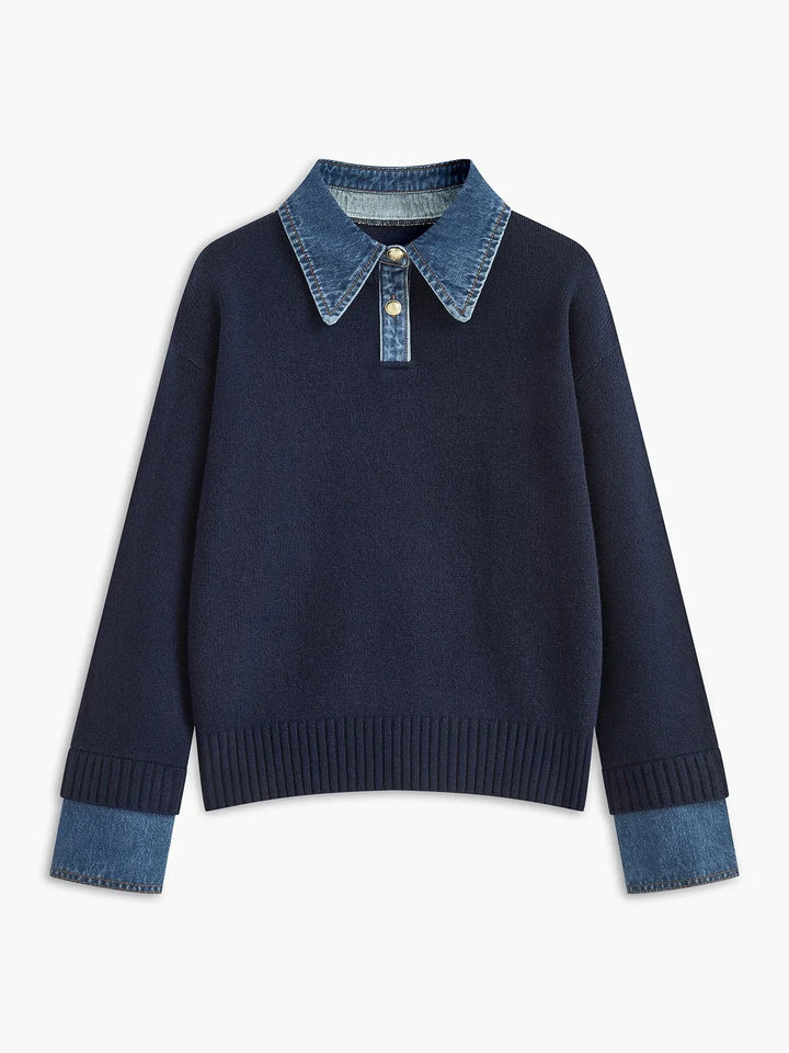 Women's Denim-Collar Knit Polo Sweater