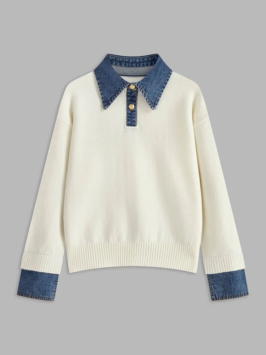 Women's Denim-Collar Knit Polo Sweater