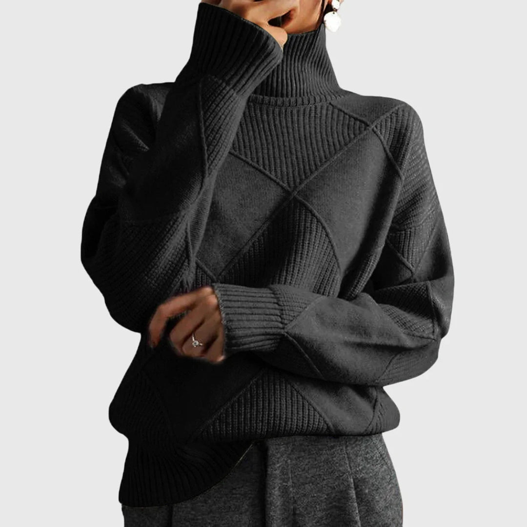 Women's Diamond-Pattern Knit Sweater – Turtleneck And Ribbed Cuffs