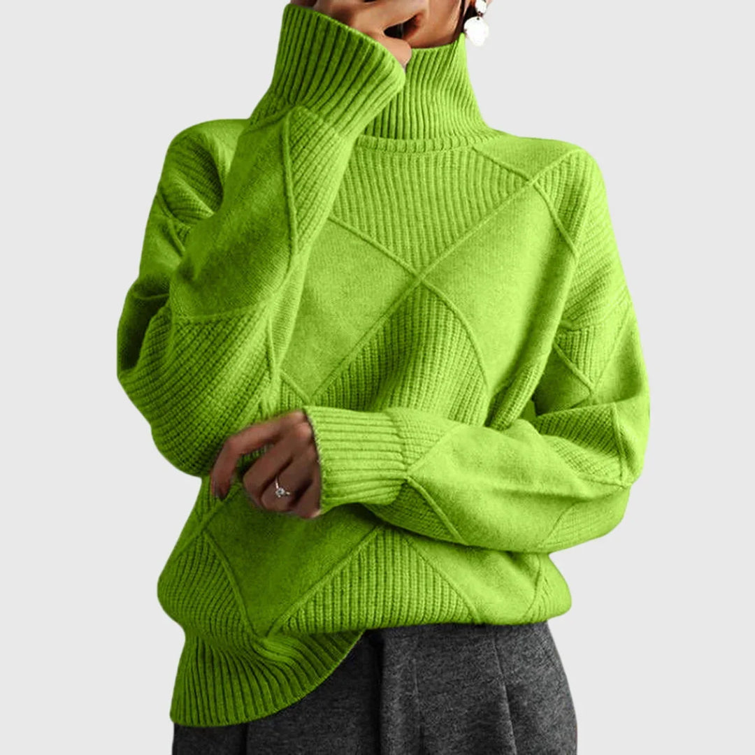 Women's Diamond-Pattern Knit Sweater – Turtleneck And Ribbed Cuffs