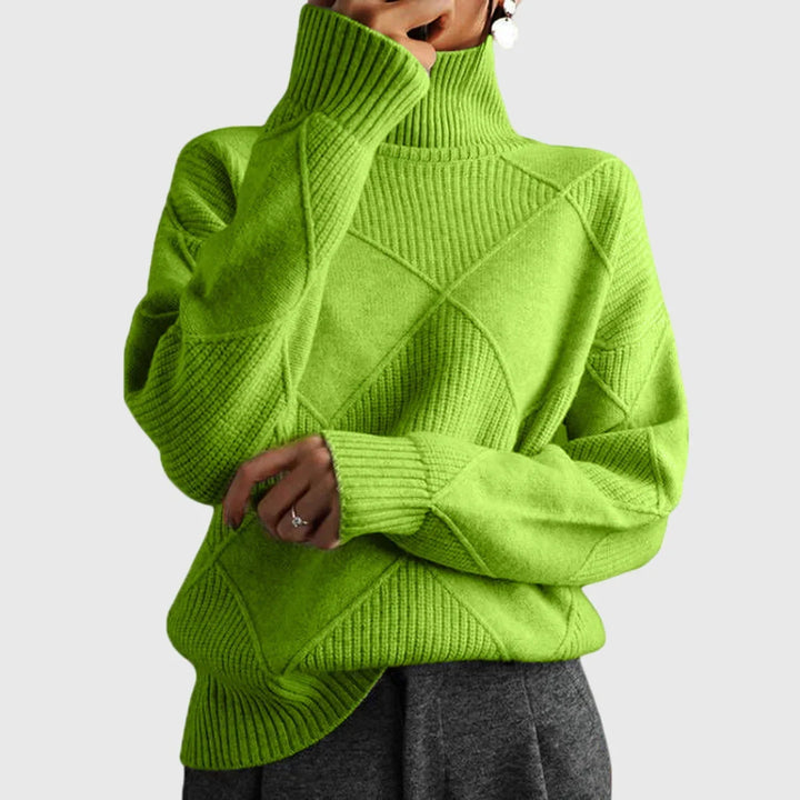 Women's Diamond-Pattern Knit Sweater – Turtleneck And Ribbed Cuffs