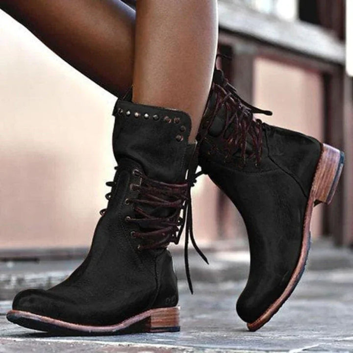 Women's Distressed Faux Leather Lace-Up Boots – Studded Cuff Detail