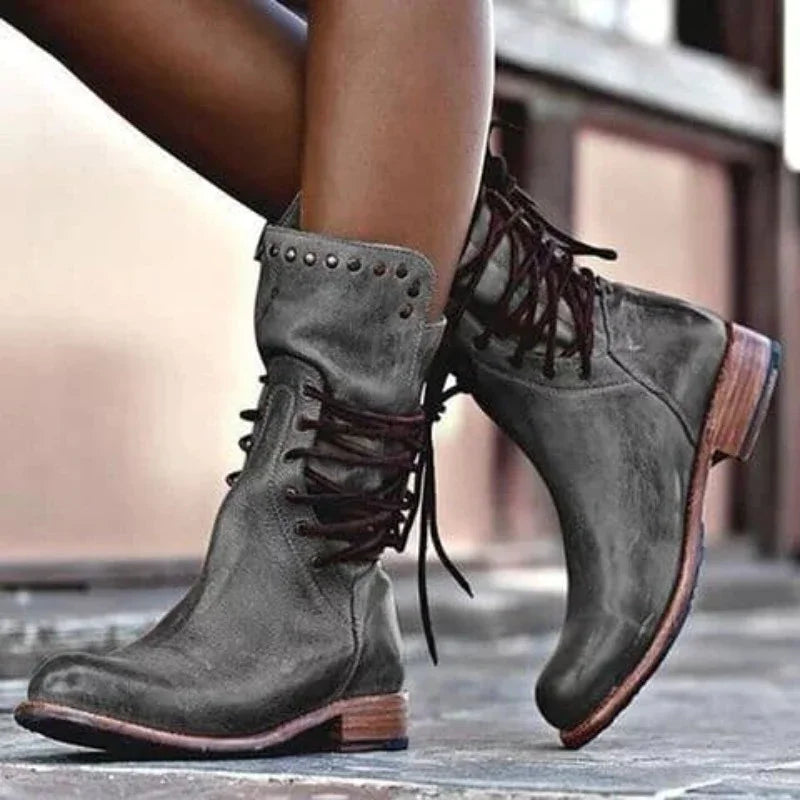 Women's Distressed Faux Leather Lace-Up Boots – Studded Cuff Detail